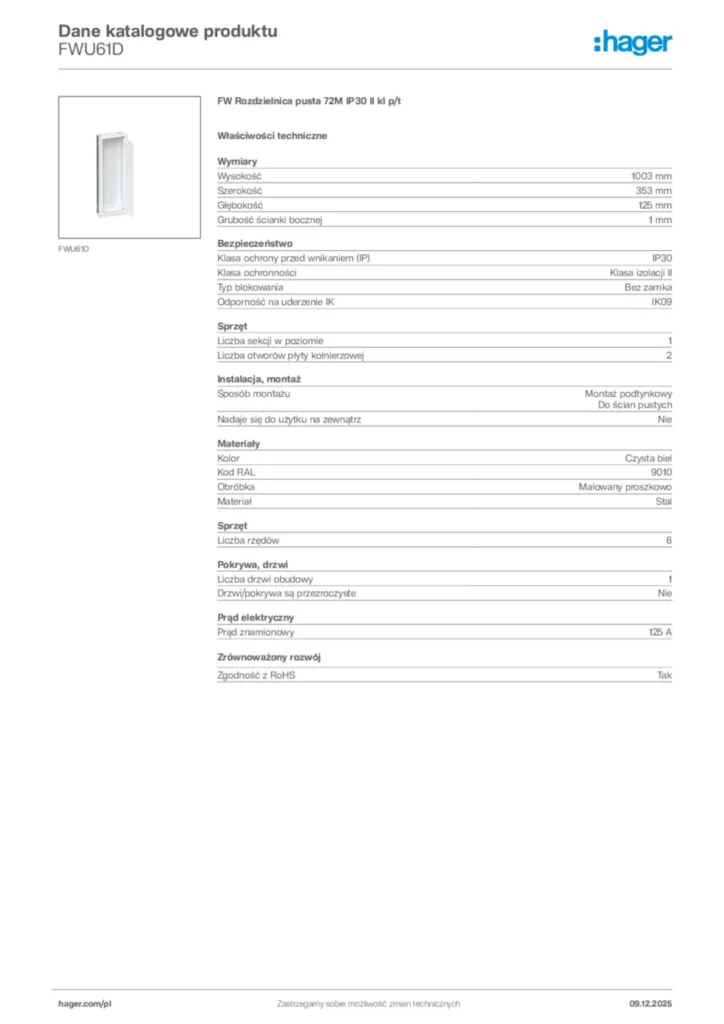 Zdjęcie Hager Karta katalogowa FWU61D | Hager Polska