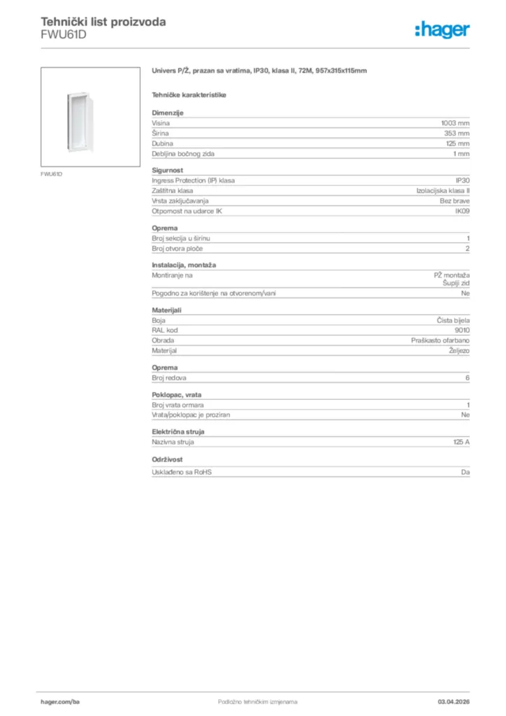 Slika Hager Tehnički list proizvoda FWU61D  | Hager