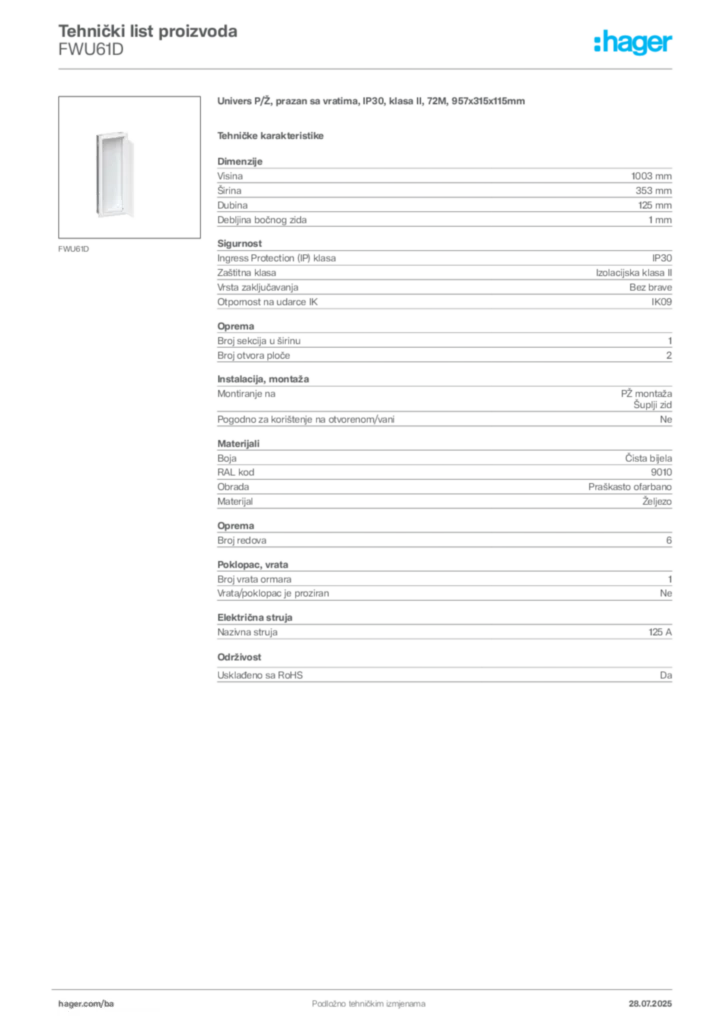 Slika Hager Product data sheet FWU61D  | Hager