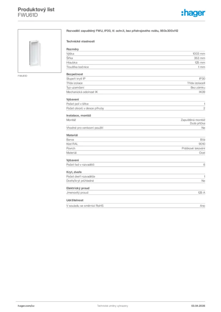 Obrázek Hager Product data sheet FWU61D | Hager