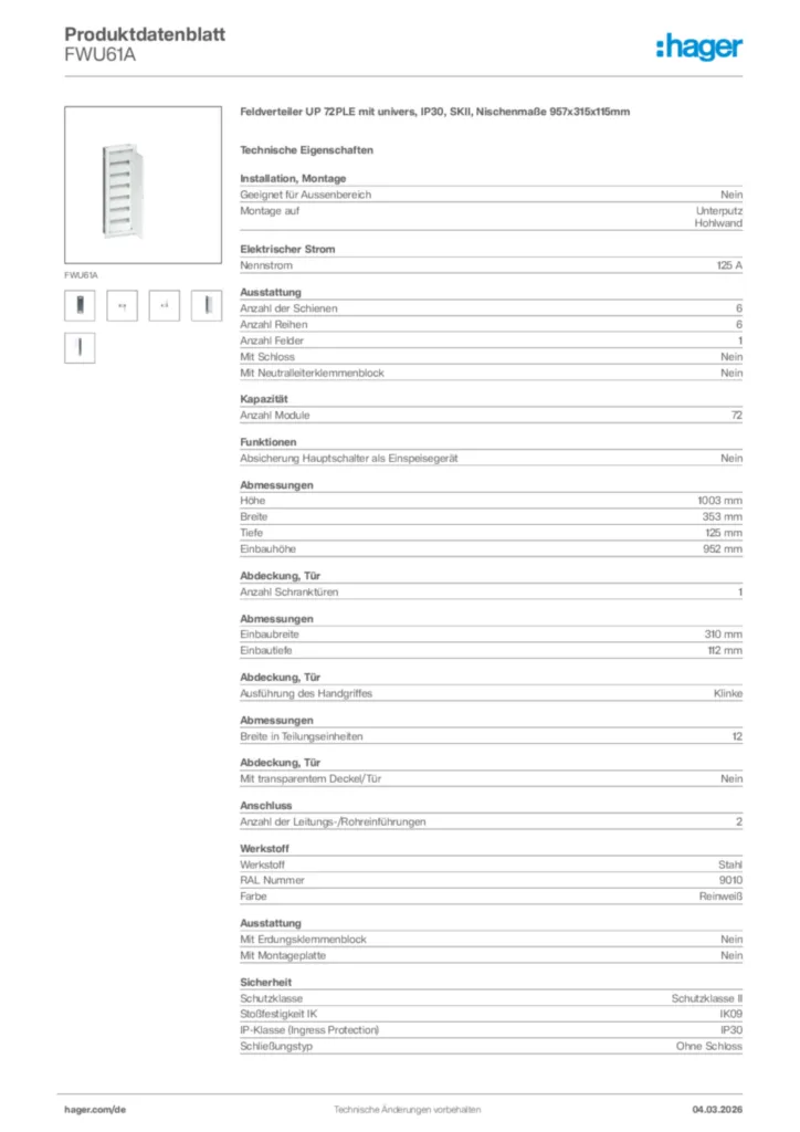 Bild Hager Produktdatenblatt FWU61A | Hager Deutschland