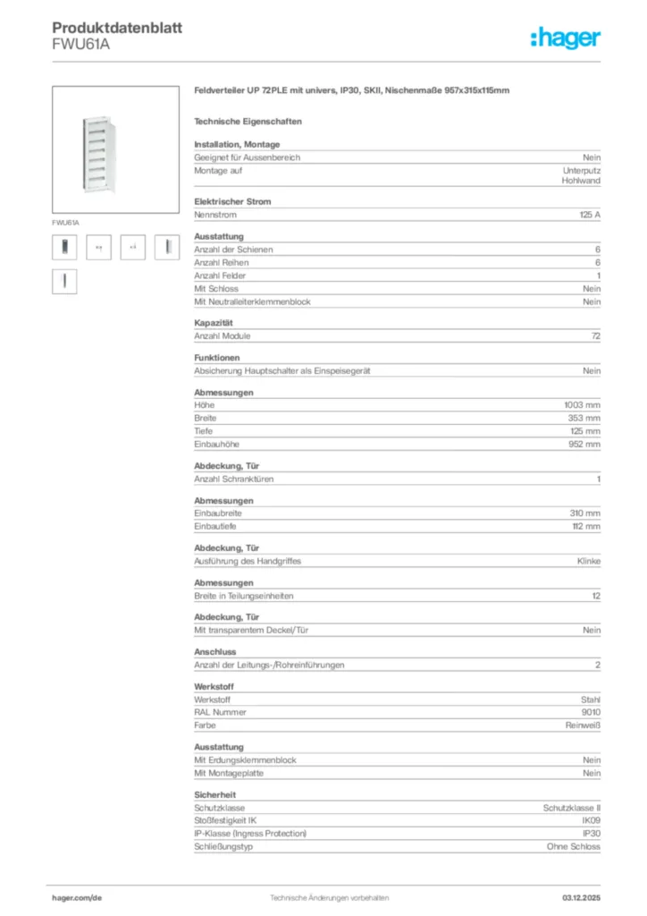 Bild Hager Produktdatenblatt FWU61A | Hager Deutschland