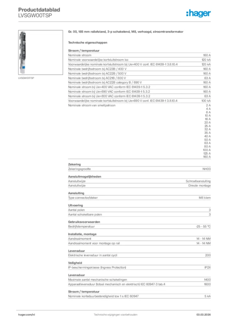 Afbeelding Hager Productdatablad LVSGW00TSP | Hager Nederland