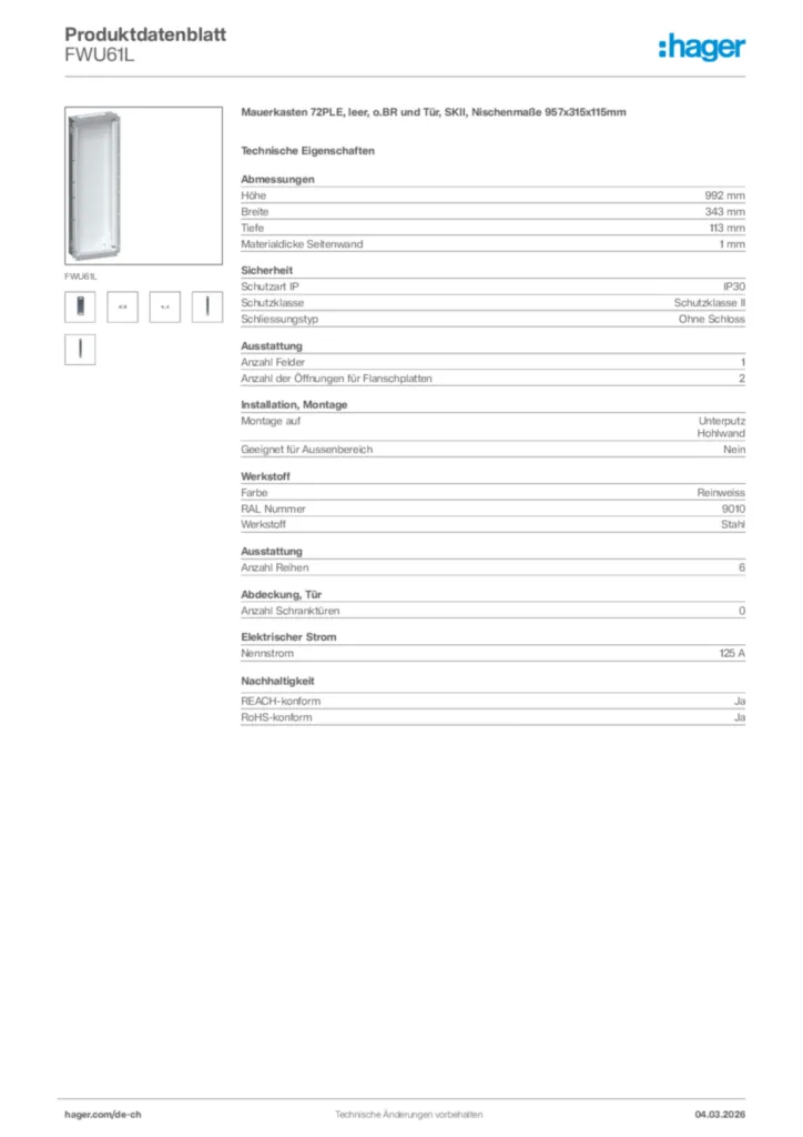 Bild Hager Produktdatenblatt FWU61L | Hager Schweiz