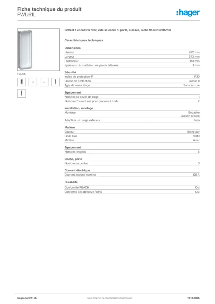 Image Hager Fiche technique du produit FWU61L | Hager Suisse