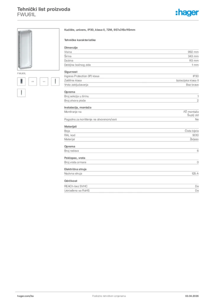 Slika Hager Tehnički list proizvoda FWU61L  | Hager