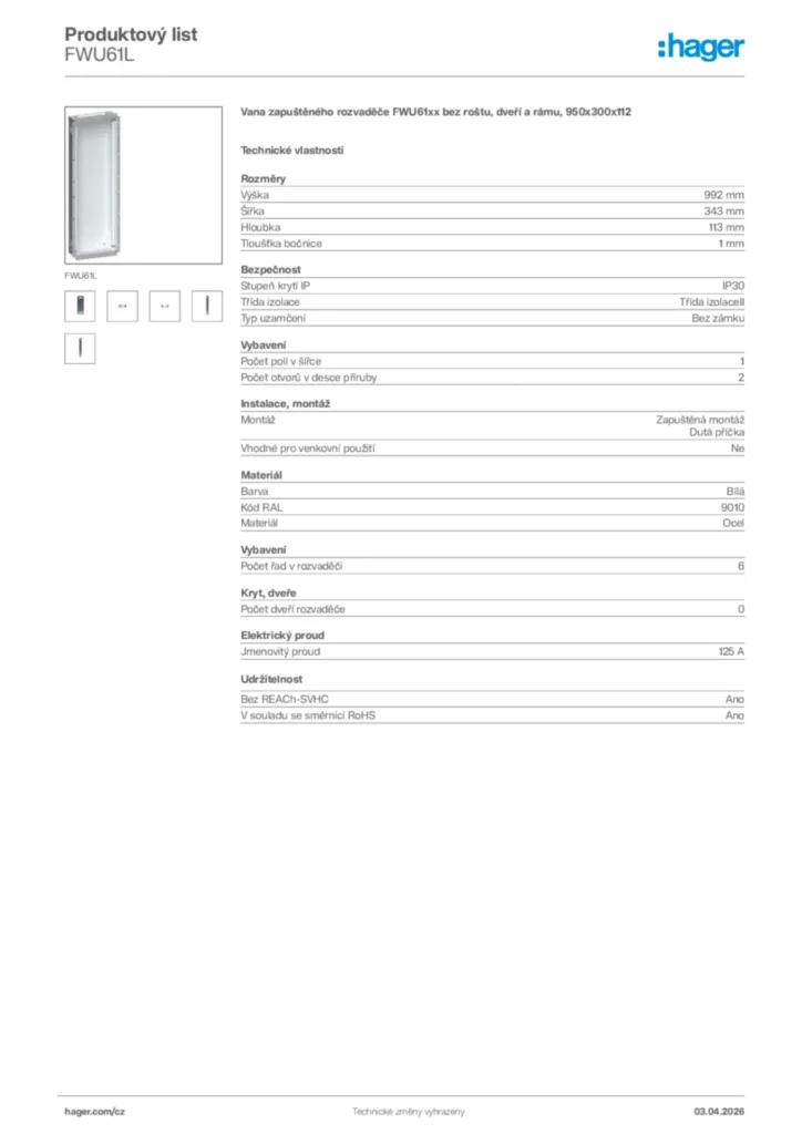 Obrázek Hager Product data sheet FWU61L | Hager