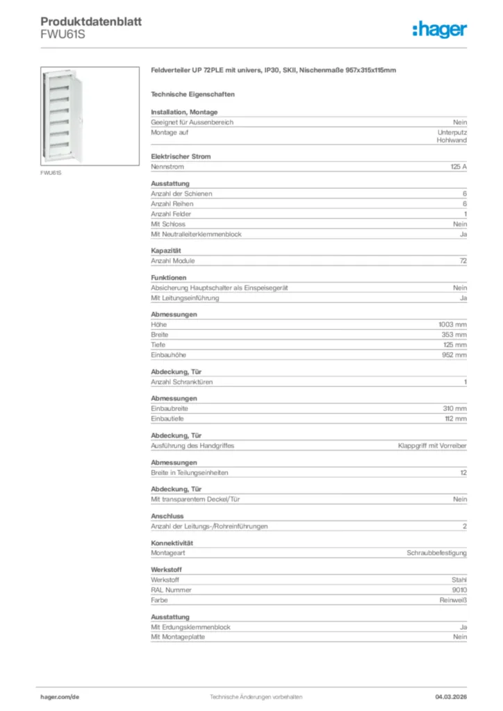 Bild Hager Produktdatenblatt FWU61S | Hager Deutschland