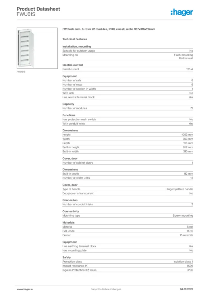 Image Hager Product data sheet FWU61S  | Hager