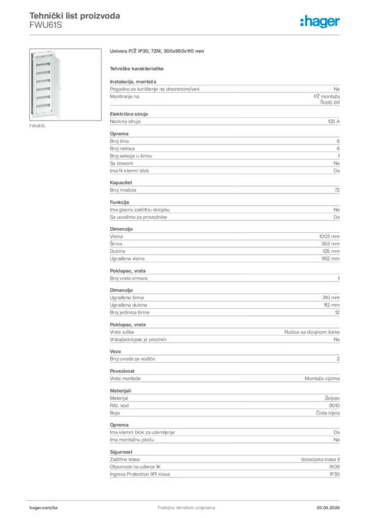 Slika Hager Tehnički list proizvoda FWU61S  | Hager
