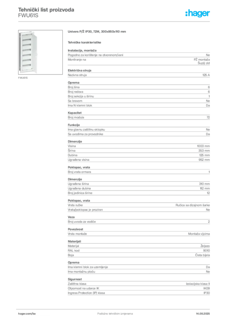Slika Hager Product data sheet FWU61S  | Hager