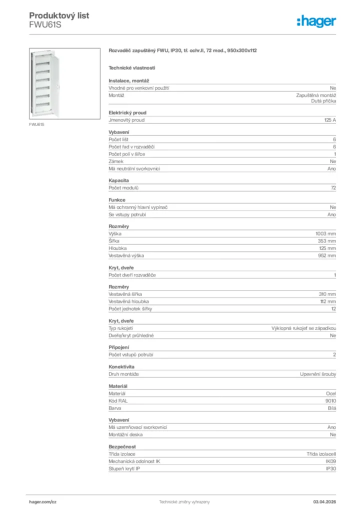 Obrázek Hager Product data sheet FWU61S | Hager
