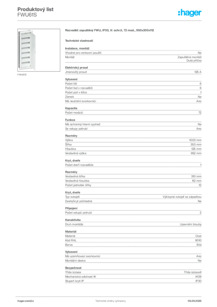 Obrázek Hager Produktový list FWU61S | Hager