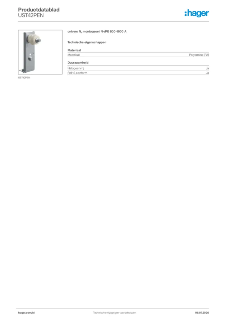Afbeelding Hager Productdatablad UST42PEN | Hager Nederland