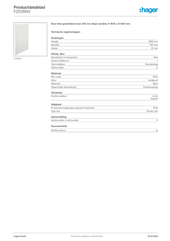 Afbeelding Hager Productdatablad FZ035NV | Hager Nederland