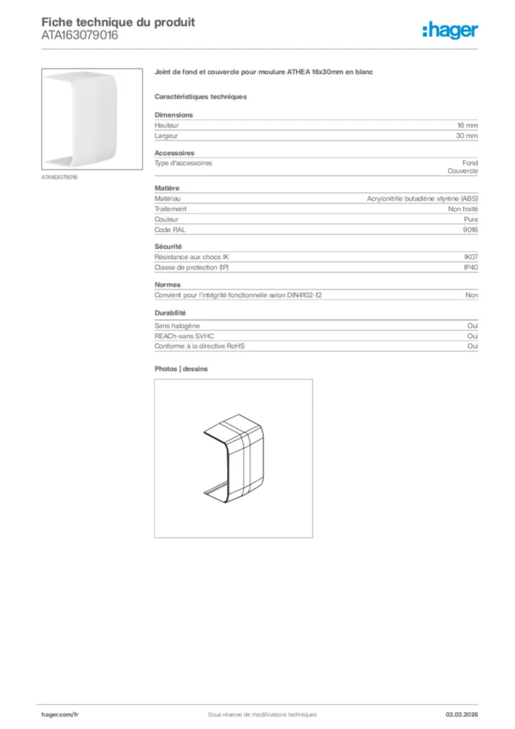 Image Hager Fiche technique du produit ATA163079016 | Hager France