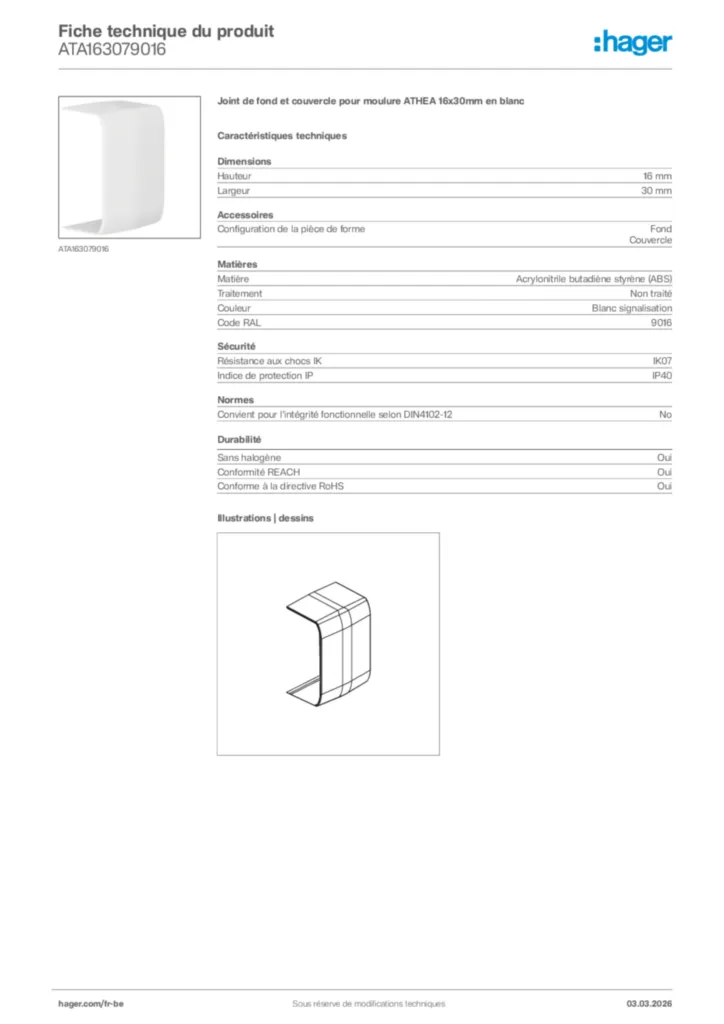 Image Hager Fiche technique du produit ATA163079016 | Hager Belgique