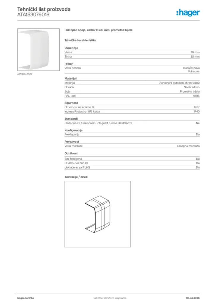 Slika Hager Tehnički list proizvoda ATA163079016  | Hager