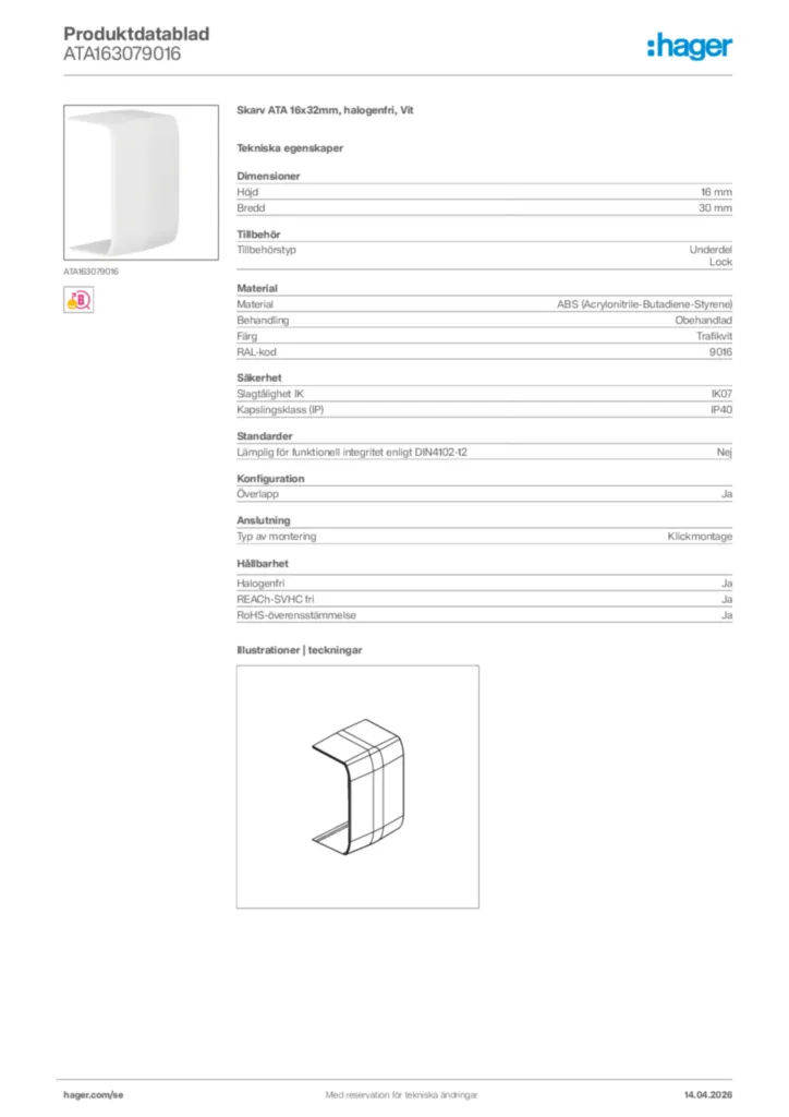 Bild Hager Produktdatablad ATA163079016 | Hager Sverige