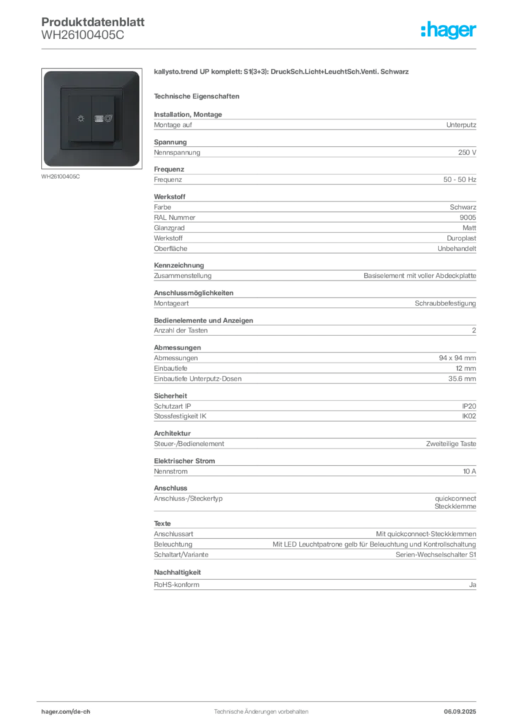 Bild Hager Produktdatenblatt WH26100405C | Hager Schweiz