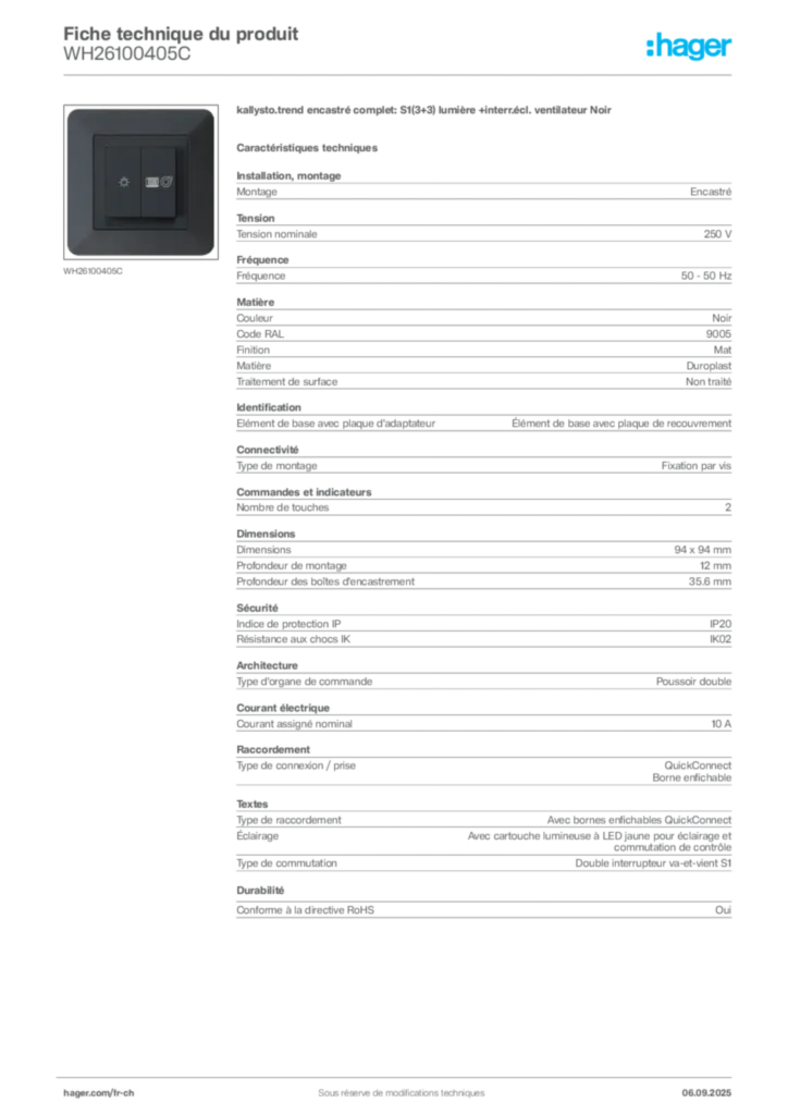 Image Hager Fiche technique du produit WH26100405C | Hager Suisse