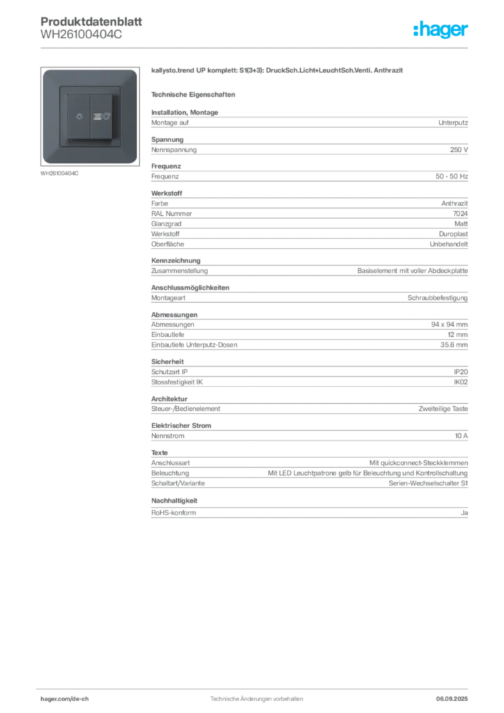 Bild Hager Produktdatenblatt WH26100404C | Hager Schweiz