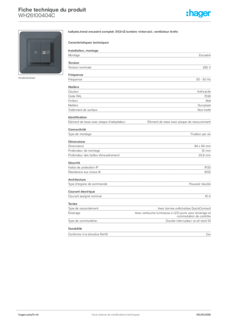 Image Hager Fiche technique du produit WH26100404C | Hager Suisse