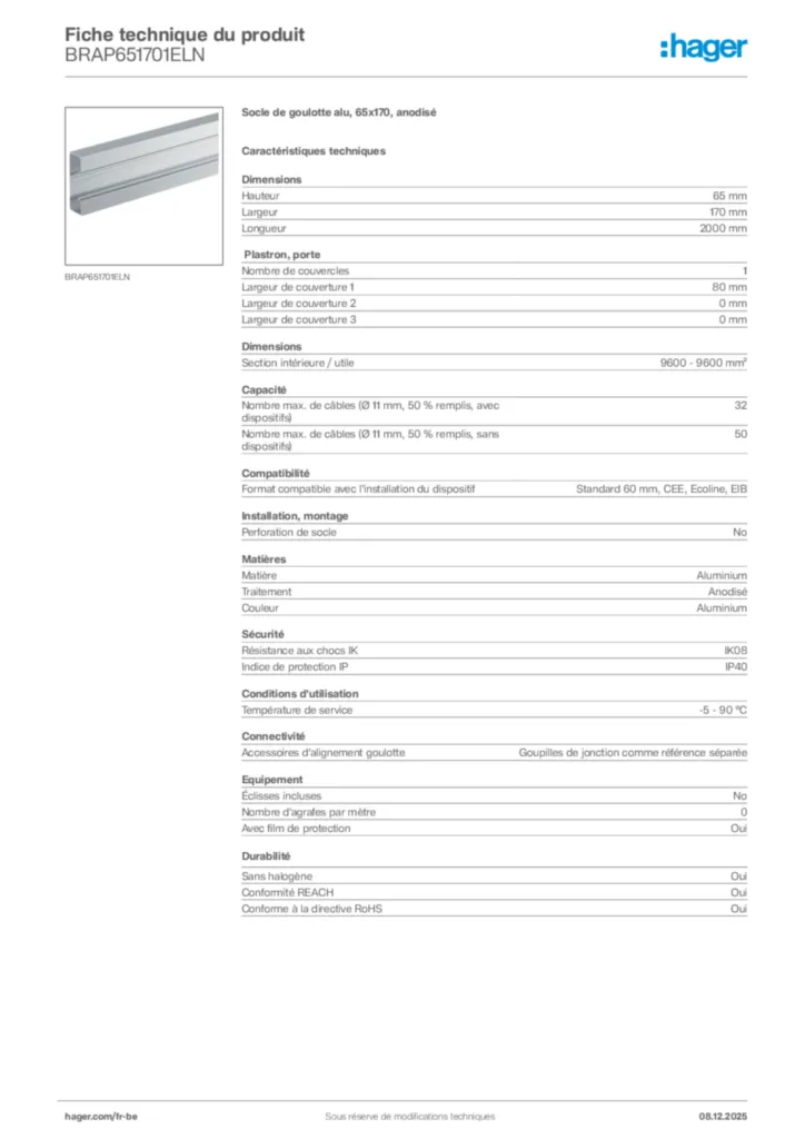 Image Hager Fiche technique du produit BRAP651701ELN | Hager Belgique