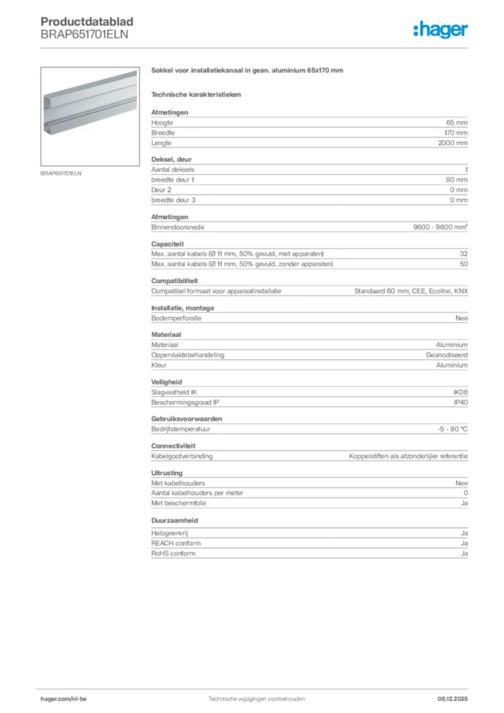 Afbeelding Hager Productdatablad BRAP651701ELN | Hager Belgium