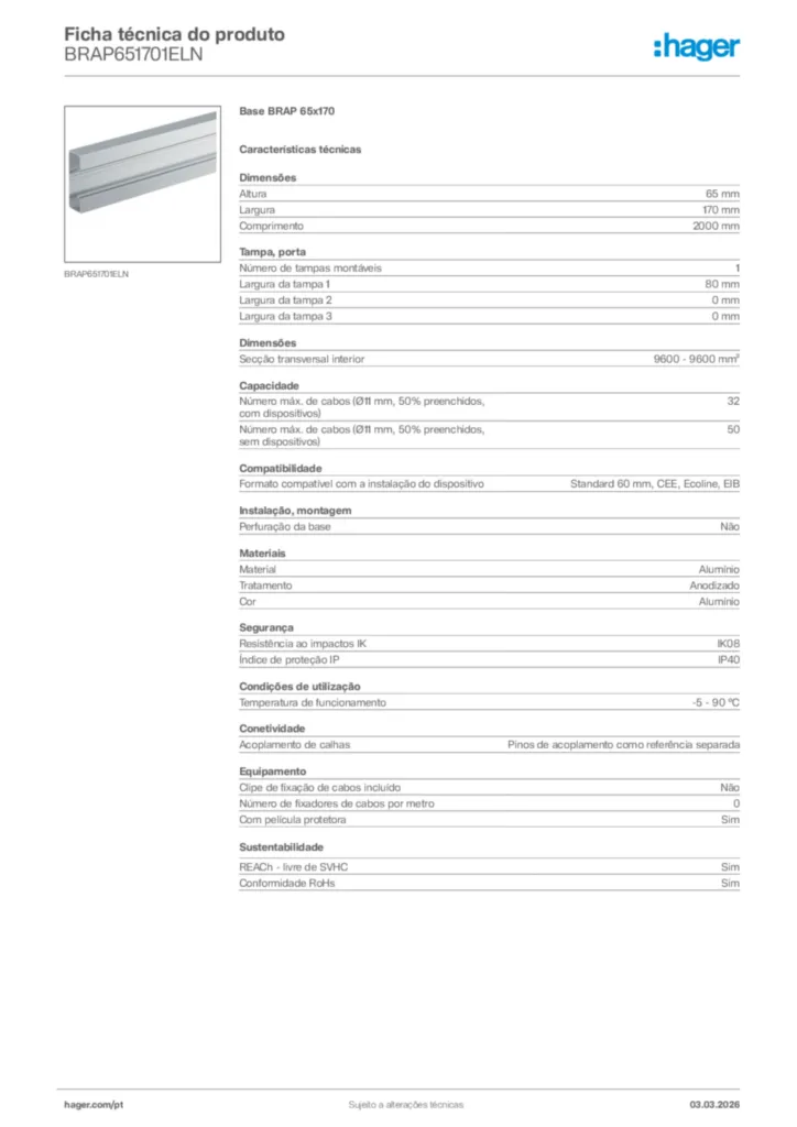 Imagem Hager Ficha técnica do produto BRAP651701ELN | Hager Portugal