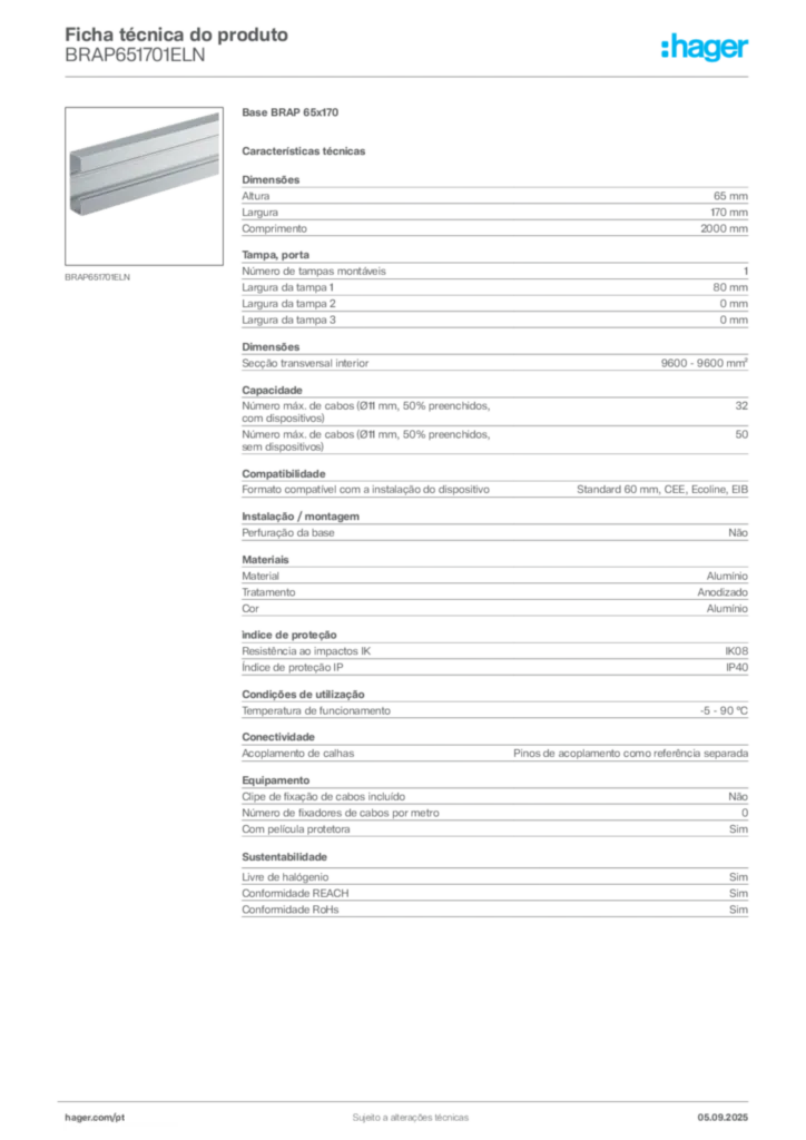 Imagem Hager Ficha técnica do produto BRAP651701ELN | Hager Portugal