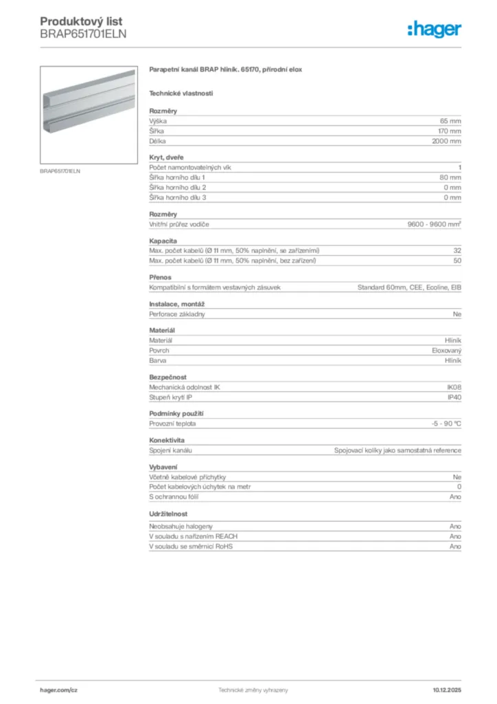 Obrázek Hager Produktový list BRAP651701ELN | Hager