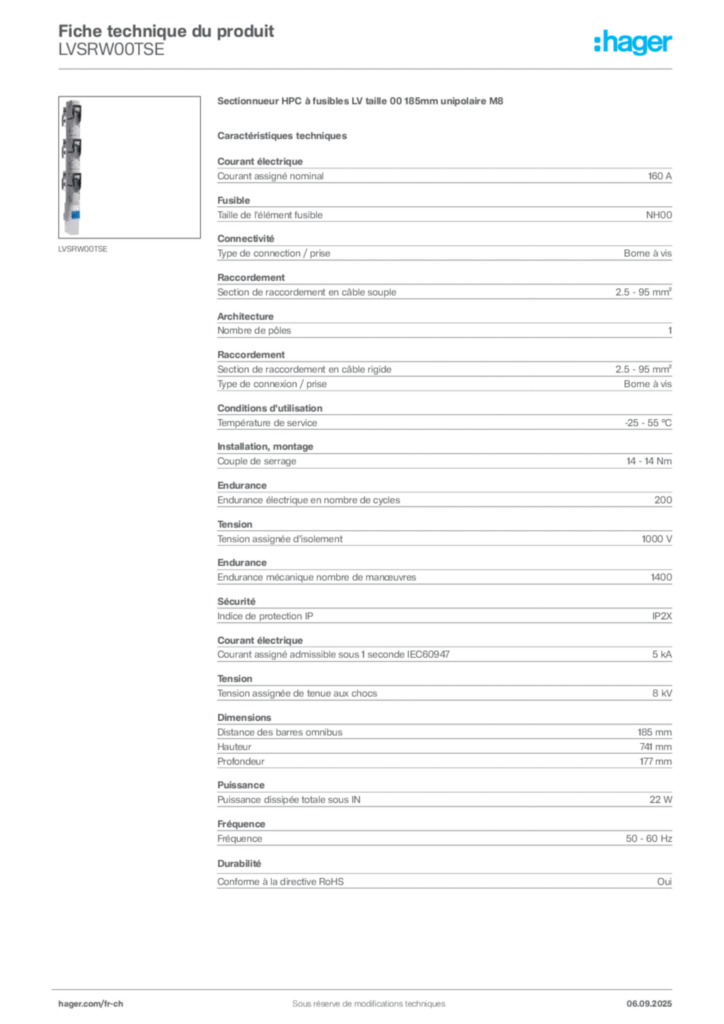 Image Hager Fiche technique du produit LVSRW00TSE | Hager Suisse