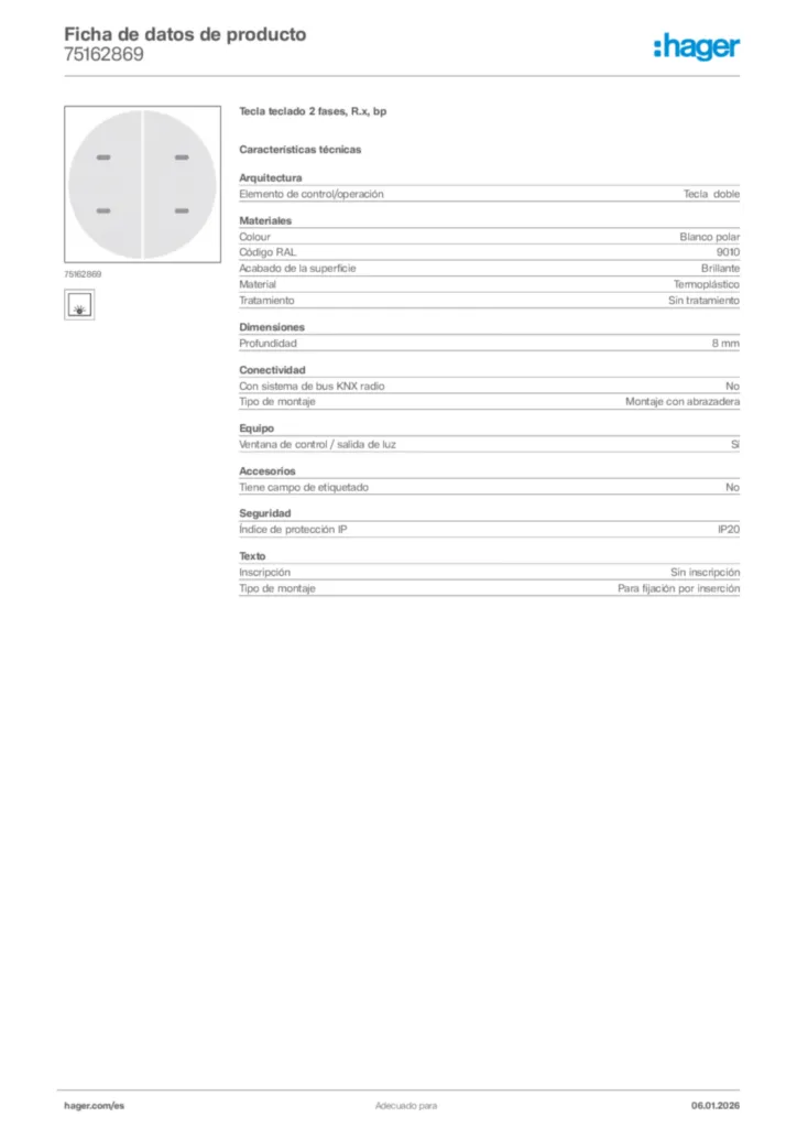 Imagen Hager Ficha de datos de producto 75162869 | Hager España