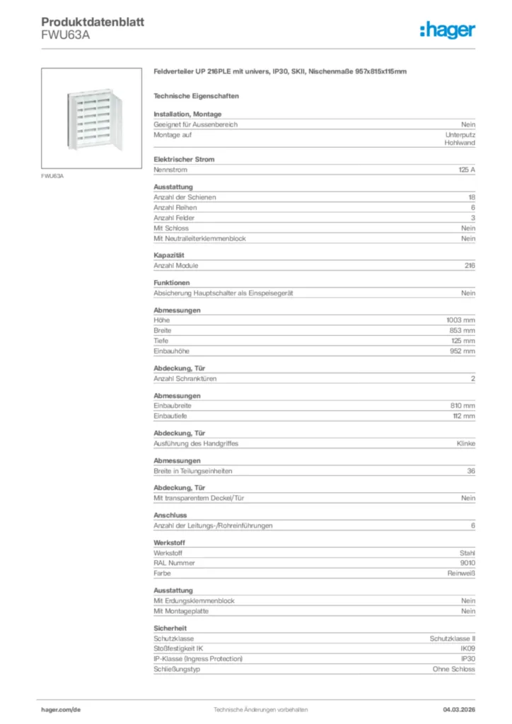 Bild Hager Produktdatenblatt FWU63A | Hager Deutschland