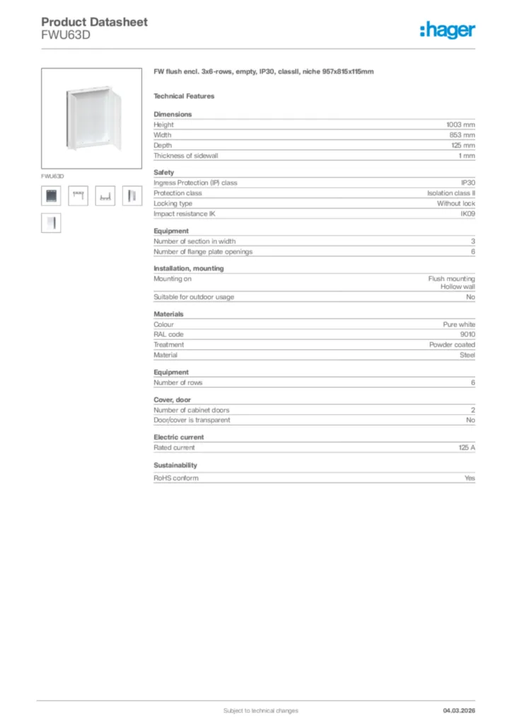 Image Hager Product data sheet FWU63D  | Hager Africa