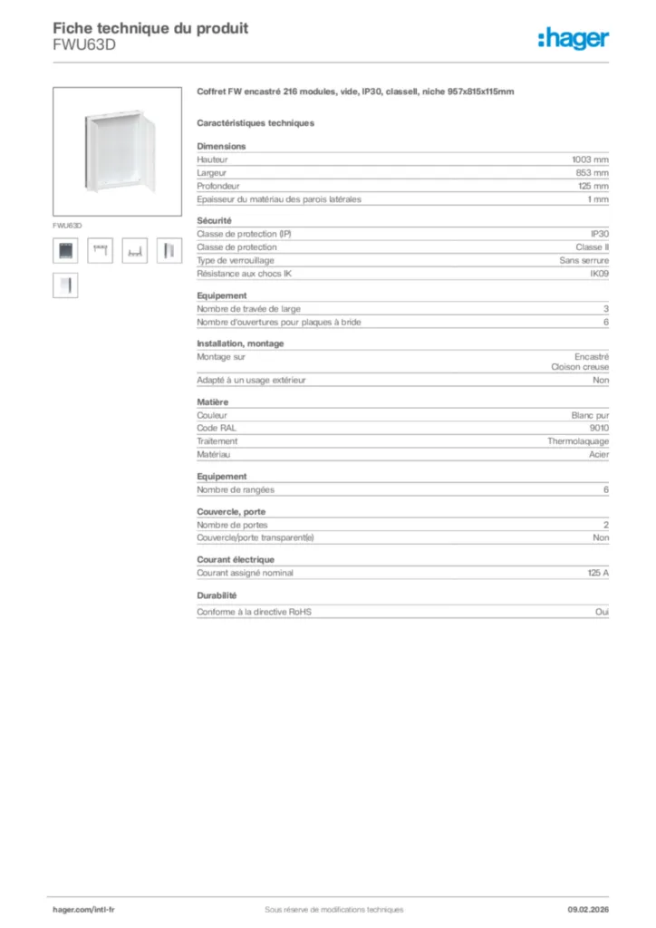 Image Hager Fiche technique du produit FWU63D | Hager Afrique