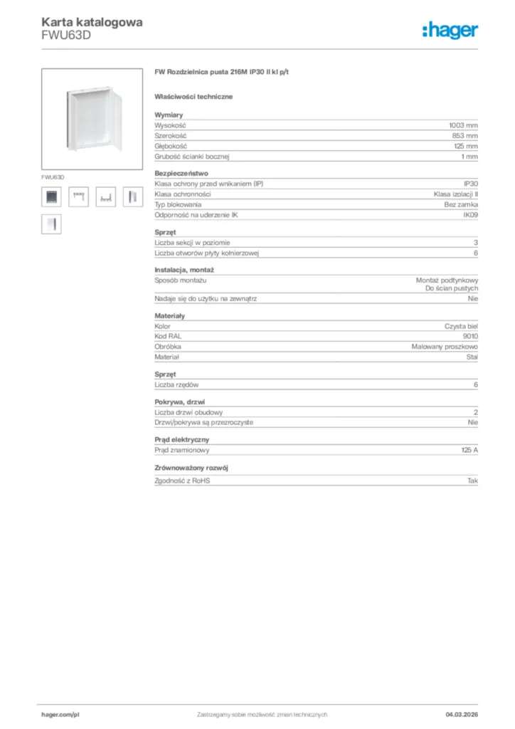 Zdjęcie Hager Karta katalogowa FWU63D | Hager Polska