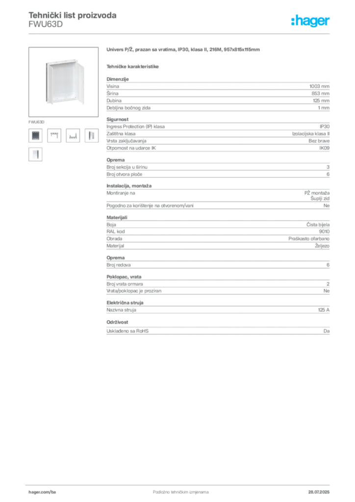 Slika Hager Product data sheet FWU63D  | Hager