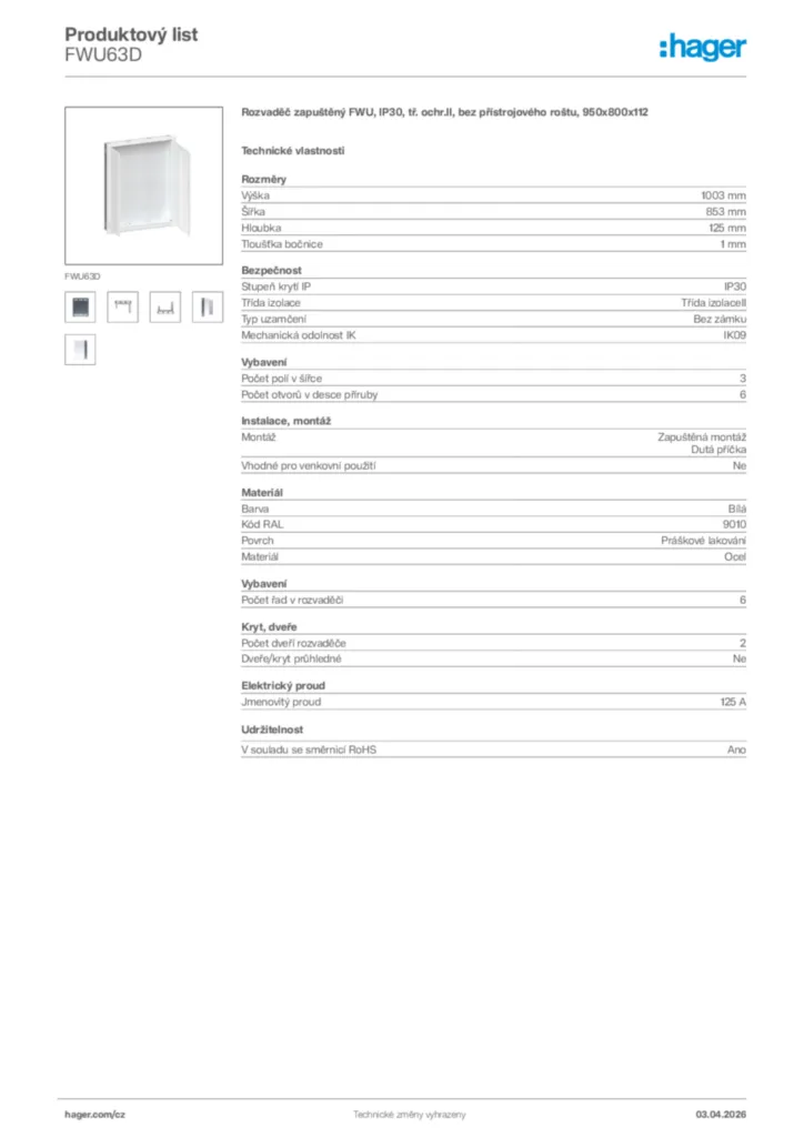 Obrázek Hager Product data sheet FWU63D | Hager