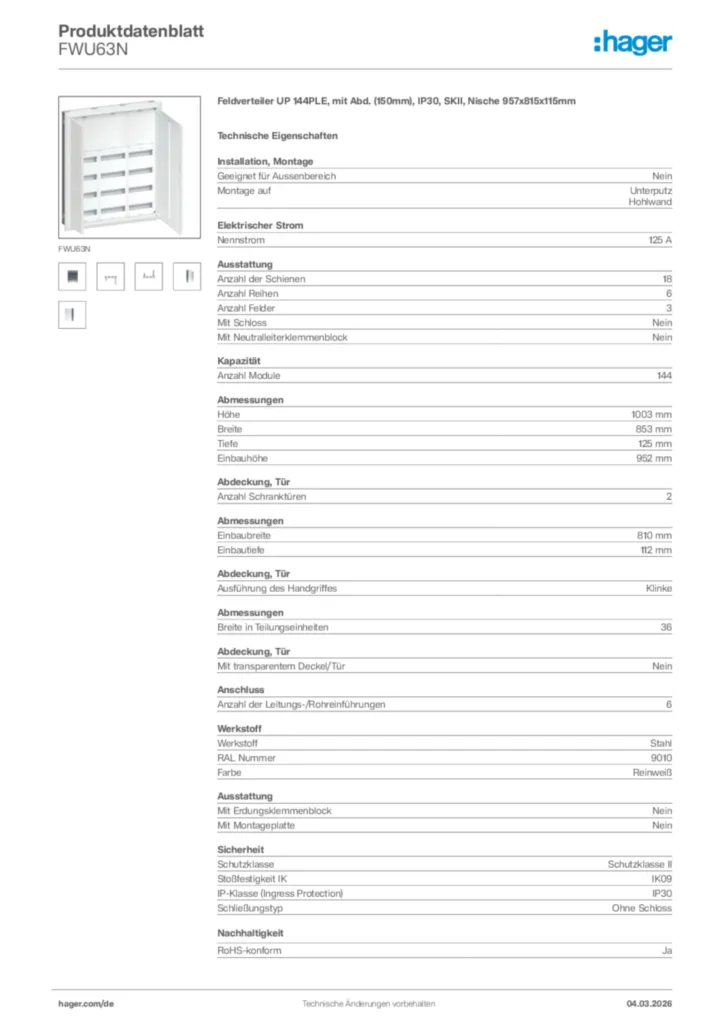 Bild Hager Produktdatenblatt FWU63N | Hager Deutschland