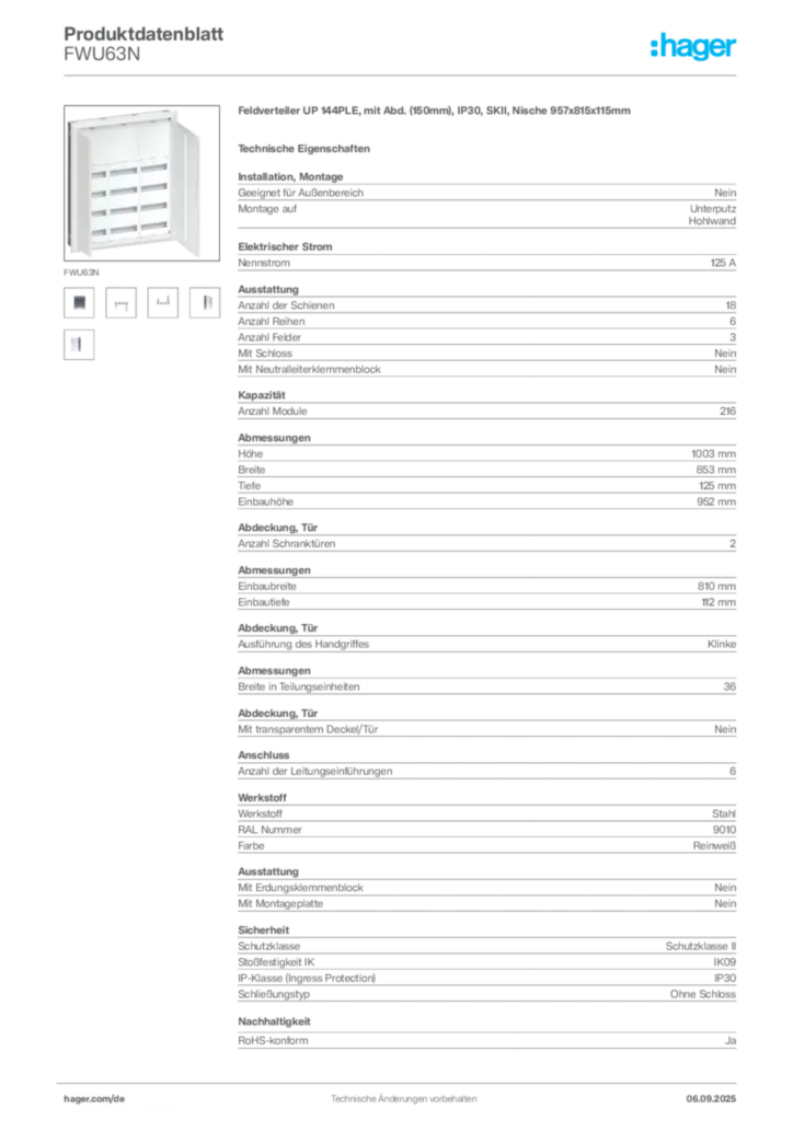 Bild Hager Produktdatenblatt FWU63N | Hager Deutschland