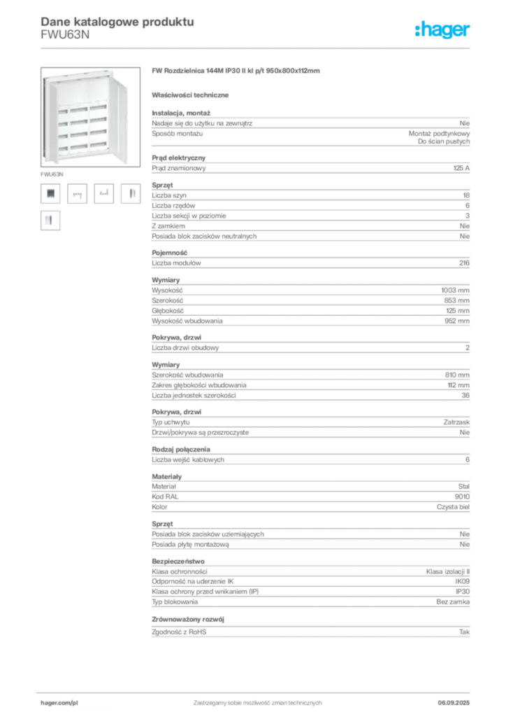 Zdjęcie Hager Dane katalogowe produktu FWU63N | Hager Polska