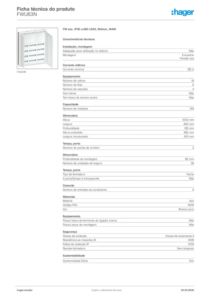 Imagem Hager Ficha técnica do produto FWU63N | Hager Portugal
