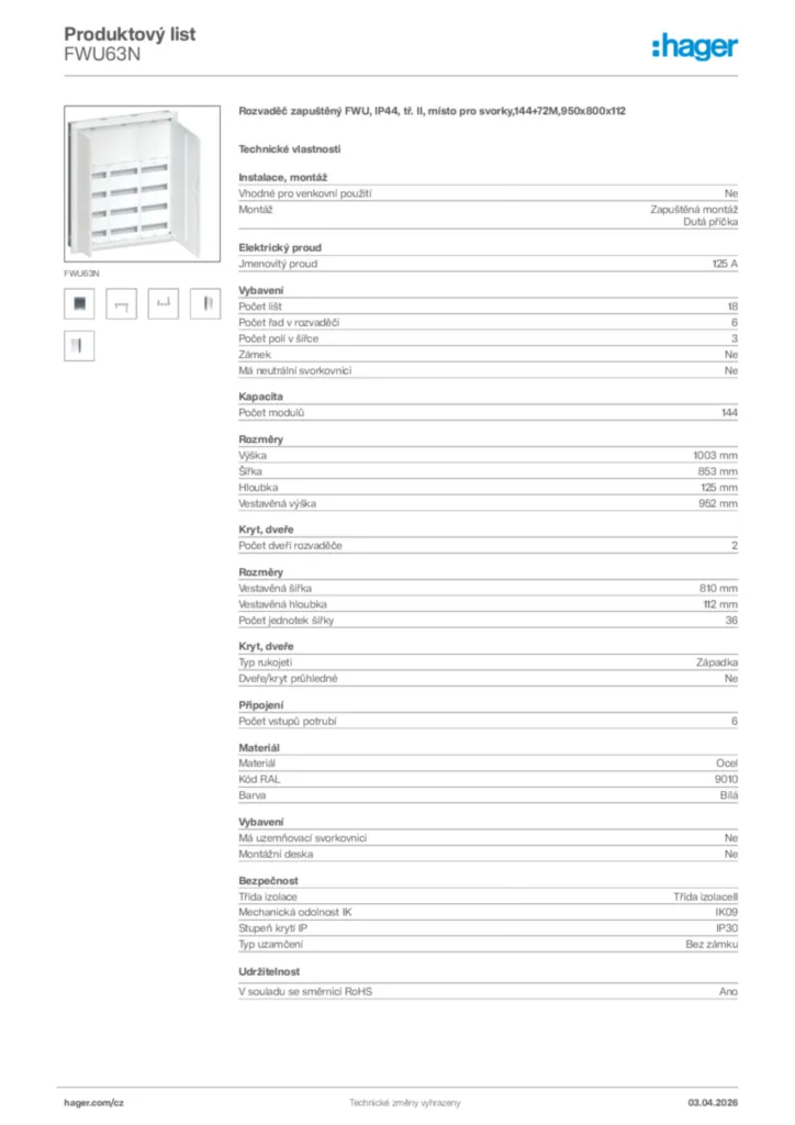 Obrázek Hager Product data sheet FWU63N | Hager