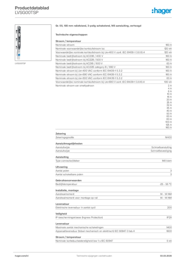 Afbeelding Hager Productdatablad LVSG00TSP | Hager Nederland