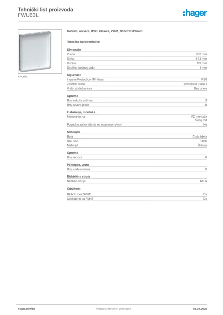 Slika Hager Tehnički list proizvoda FWU63L  | Hager