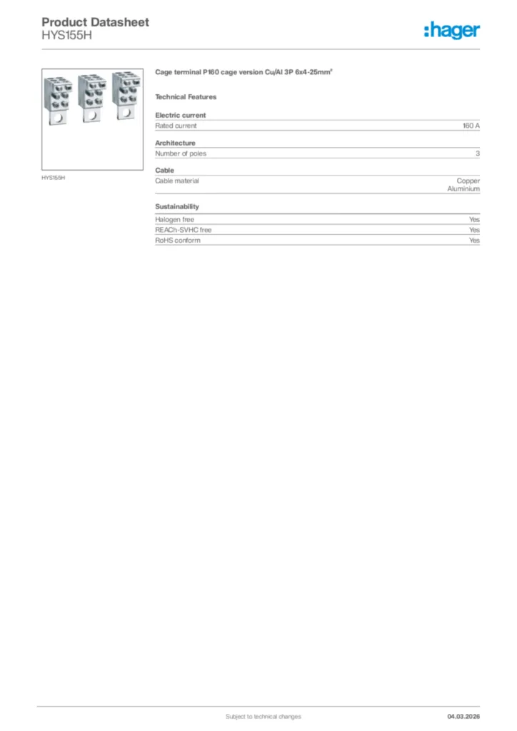 Image Hager Product data sheet HYS155H  | Hager Africa