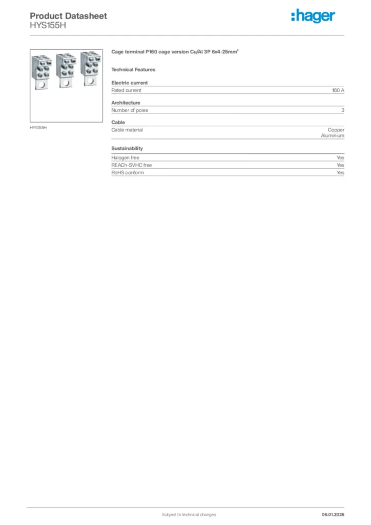 Image Hager Product data sheet HYS155H  | Hager Africa