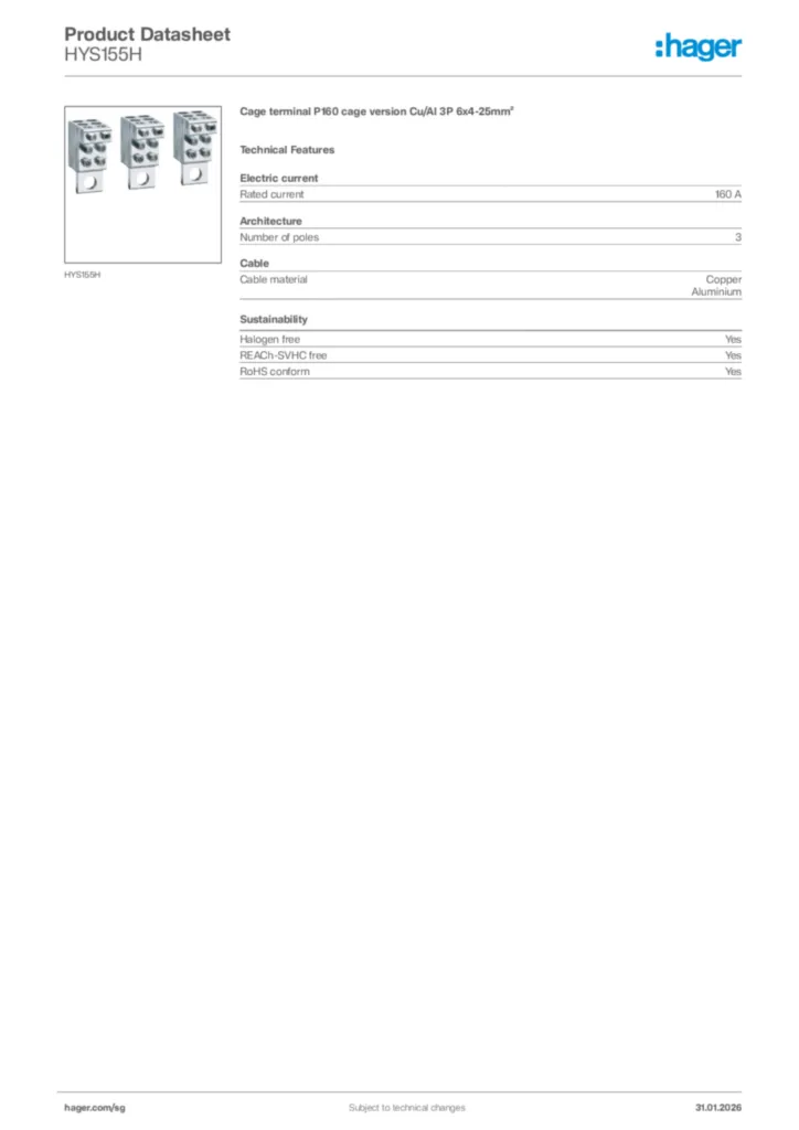 Image Hager Product data sheet HYS155H  | Hager